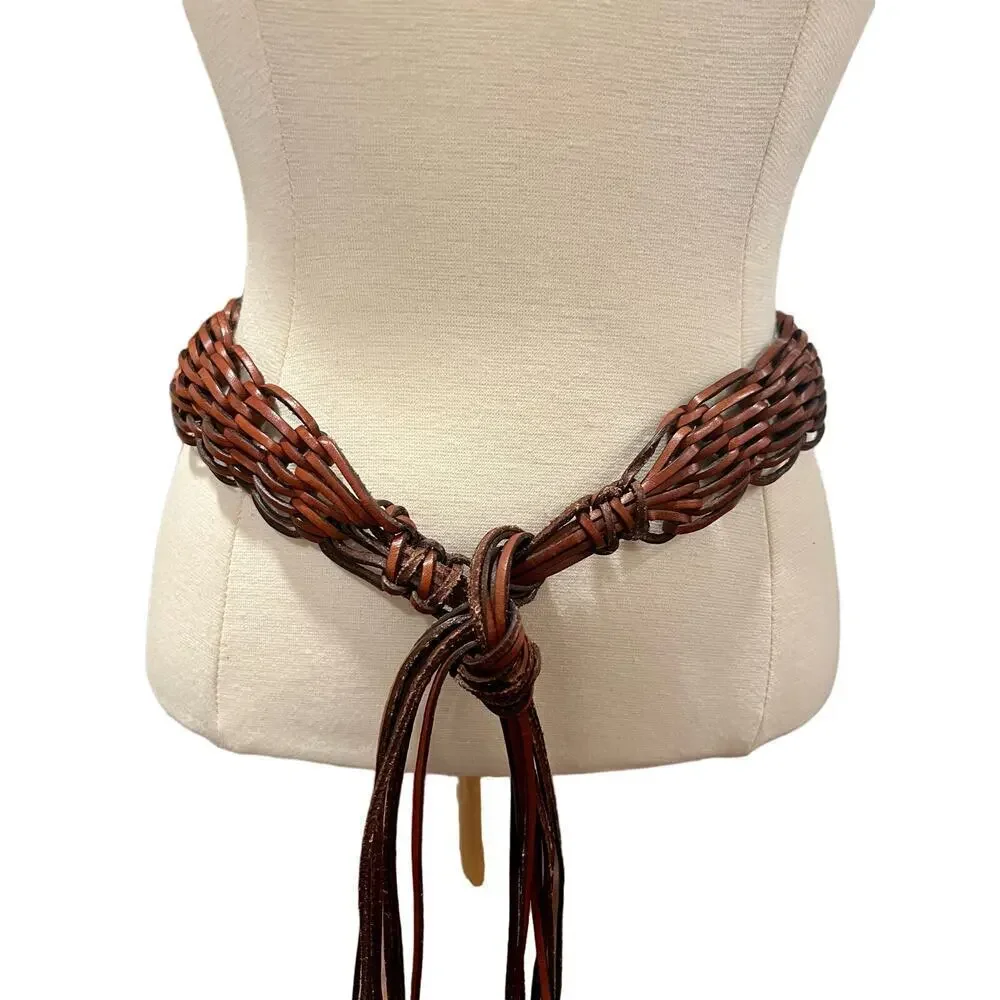 Womens Vintage Boho Western Fringe Brown Leather Belt Small Medium